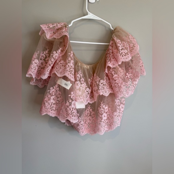 Zara Pink Lace Off-Shoulder Embroidered Crop Top - Picture 7 of 13